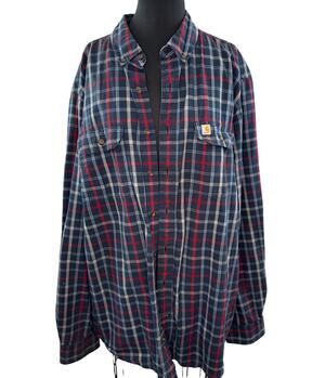 Carhartt Navy Red Flannel Shirt Cotton Plaid Relaxed Button-Down X-Large XL TALL